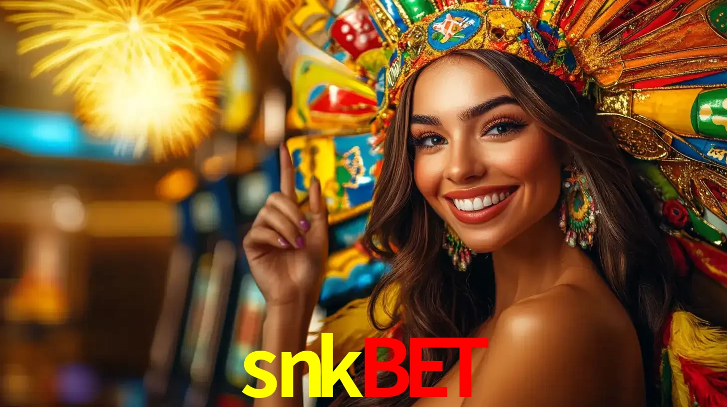 Mulher sorridente com um cocar de carnaval vibrante e colorido, celebrando uma grande vitória nos jogos do cassino snkbet com fogos de artifício ao fundo.