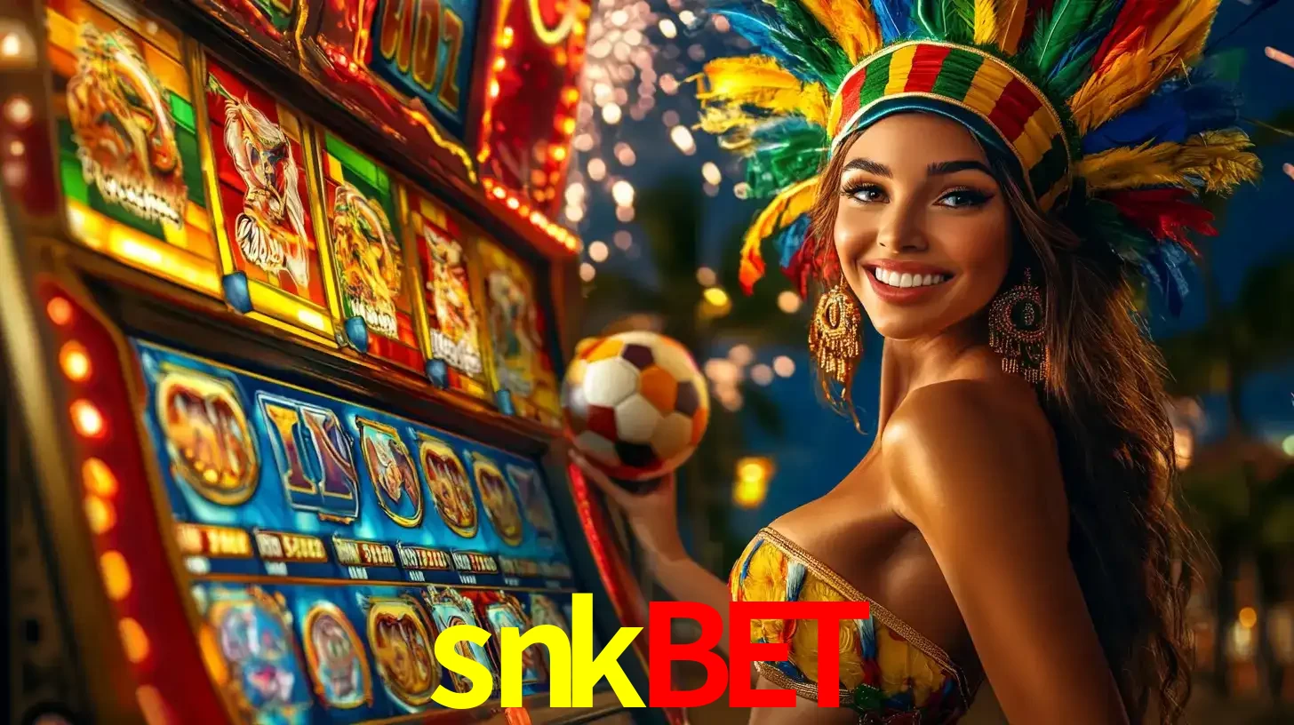 Mulher com um cocar de carnaval ao lado de uma máquina de caça-níqueis enquanto segura uma bola de futebol, mostrando a união da diversão de cassino e esportes no snkbet.