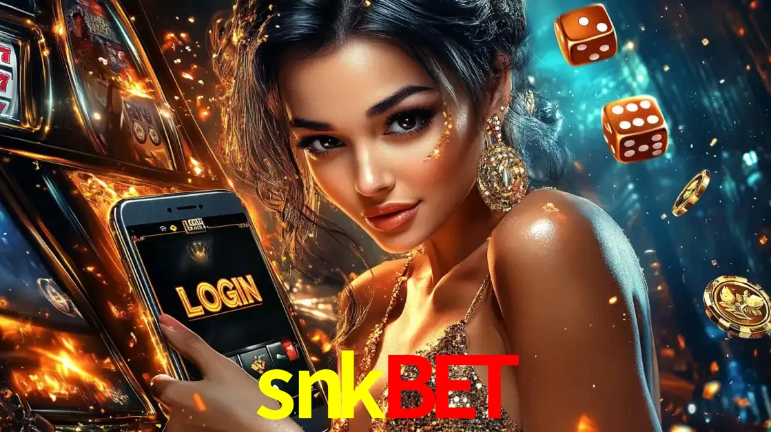 Mulher glamourosa segurando um celular com a tela de login do cassino snkbet, rodeada por dados e moedas douradas, pronta para começar a diversão.