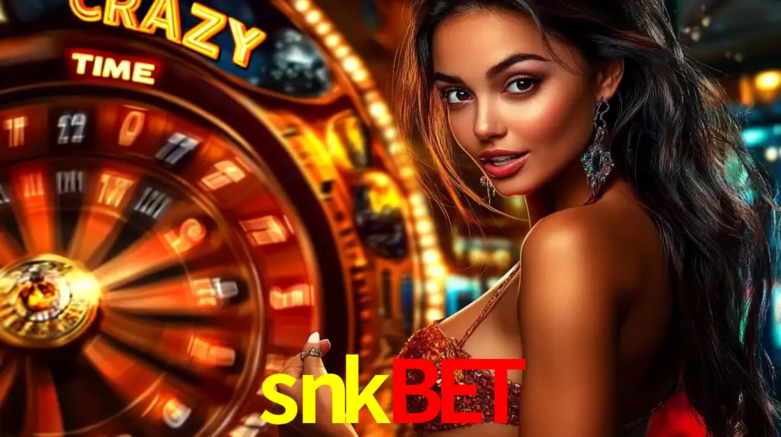 Mulher ao lado da roda de prêmios do jogo de cassino ao vivo Crazy Time, um dos shows de jogos mais emocionantes oferecidos pela plataforma de apostas snkbet.
