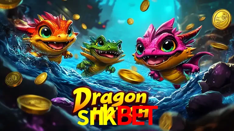 Arte promocional do jogo Dragon Hatch com três adoráveis dragões bebês nadando entre moedas de ouro, um dos slots mais divertidos para jogar no cassino snkbet.
