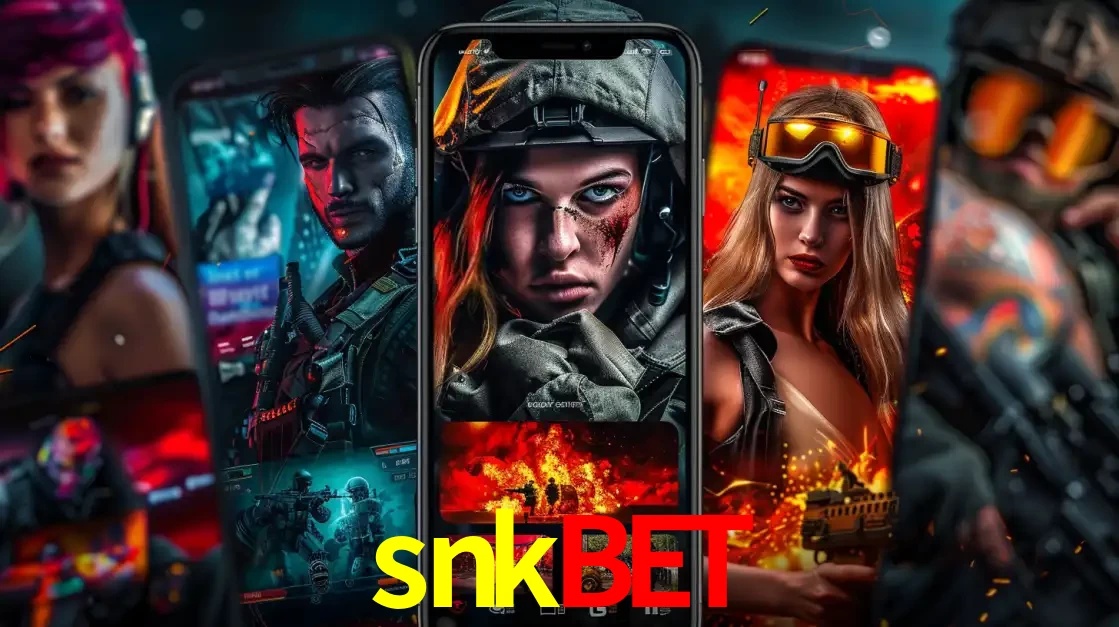 Montagem de telas de celular mostrando diversos personagens, masculinos e femininos, de um jogo de tiro, ilustrando a diversidade de equipes de e-sports para apostar no snkbet.