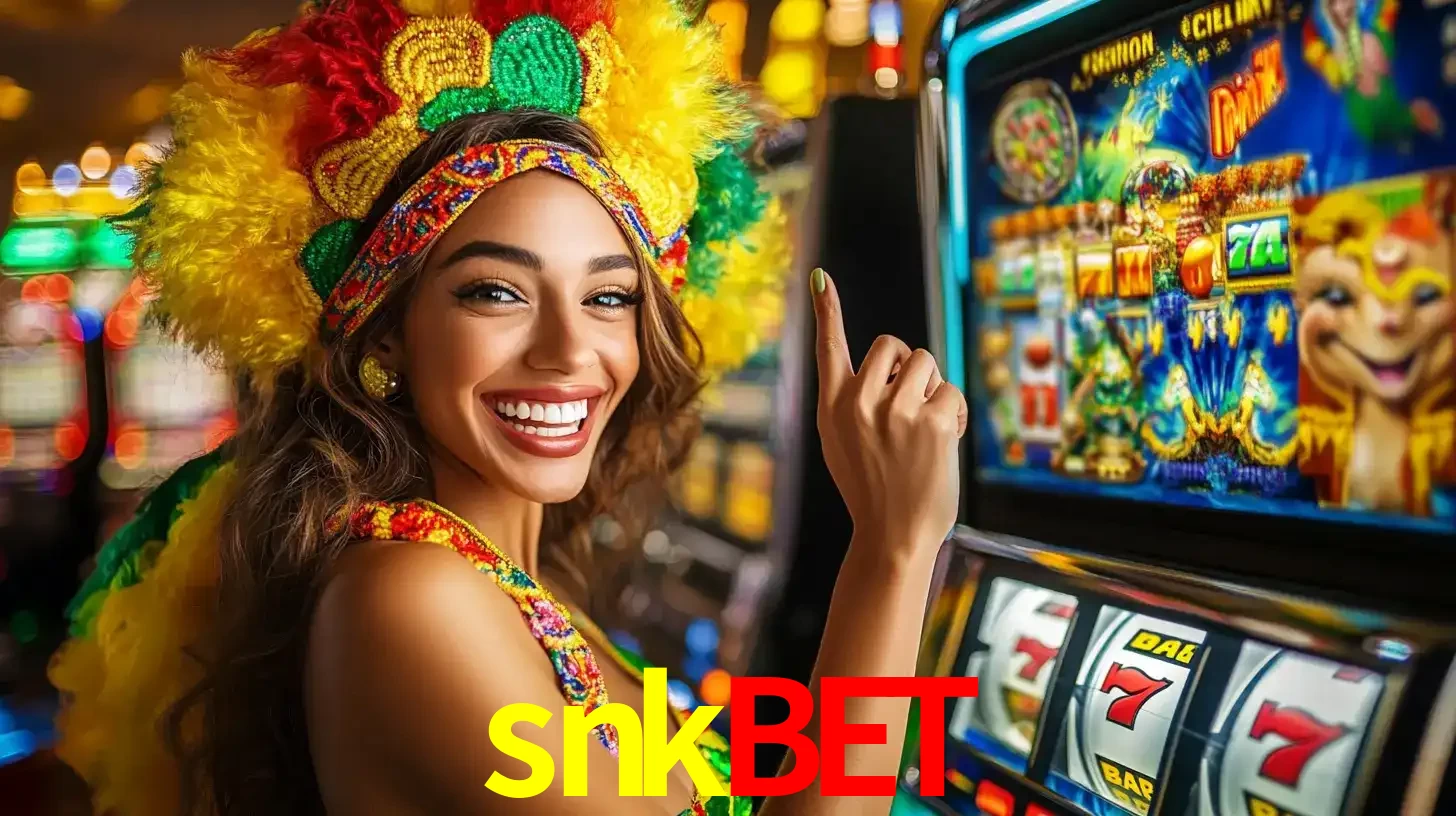 Mulher animada com um cocar de carnaval apontando para uma máquina de caça-níqueis, mostrando a emoção de ganhar um grande prêmio nos jogos do snkbet.