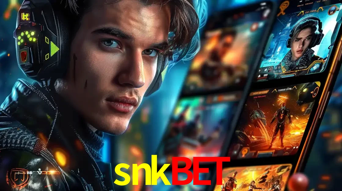 Jovem jogador com fones de ouvido olhando para a câmera, com um aplicativo de jogos e e-sports para celular ao fundo, pronto para a competição e apostas no snkbet.