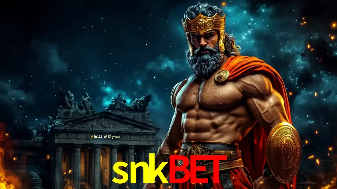 O poderoso Zeus do jogo de slot Gates of Olympus em frente ao seu templo, pronto para lançar multiplicadores divinos e prêmios épicos no cassino online snkbet.