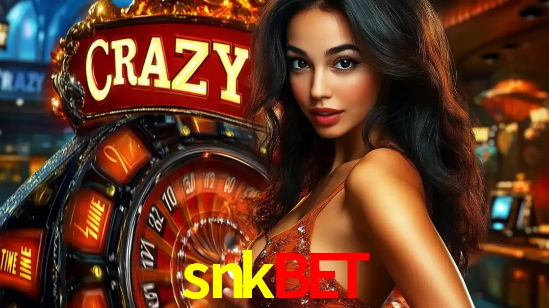 Mulher glamourosa olhando para a câmera com a roda vermelha do Crazy Time ao fundo em um ambiente de cassino, destacando a emoção dos jogos ao vivo no snkbet.