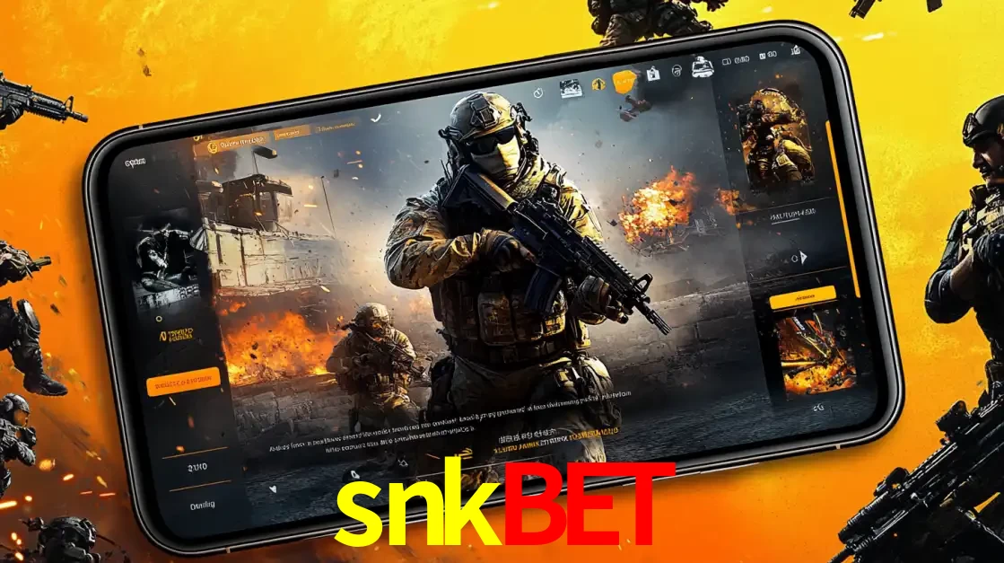 Um smartphone exibindo a interface de um jogo de tiro em primeira pessoa, com um soldado em um cenário de batalha, representando a ação dos e-sports para apostar no snkbet.