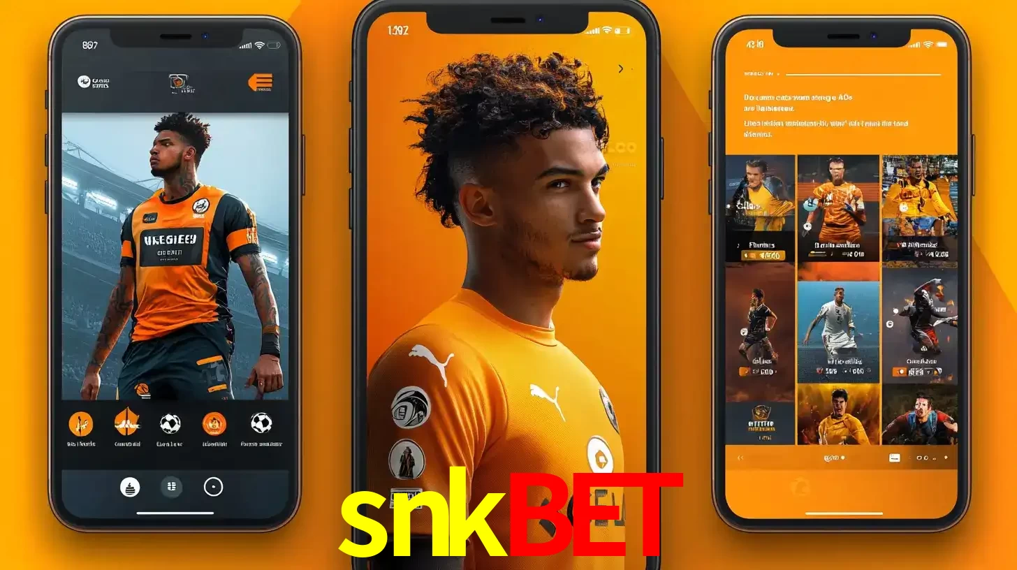 Interface do aplicativo de apostas esportivas snkbet em três telas de celular, mostrando o perfil de um jogador de futebol e a lista de jogos disponíveis para apostar.