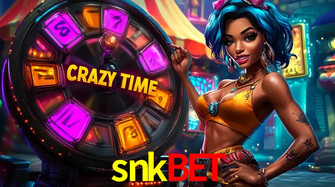 Mulher estilizada com cabelo azul e visual vibrante posando ao lado da roda de prêmios do game show Crazy Time, convidando para a diversão e os bônus do cassino snkbet.