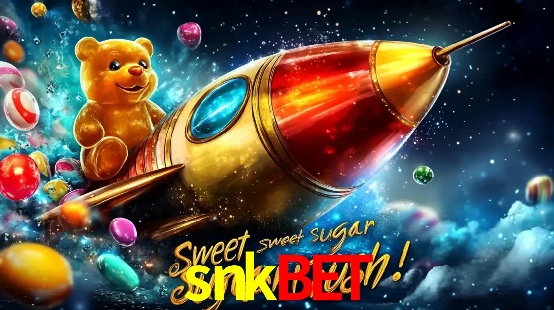 Arte promocional do jogo de slot Sugar Rush, com um urso de pelúcia em um foguete viajando pelo espaço de doces, um dos jogos divertidos disponíveis no cassino snkbet.