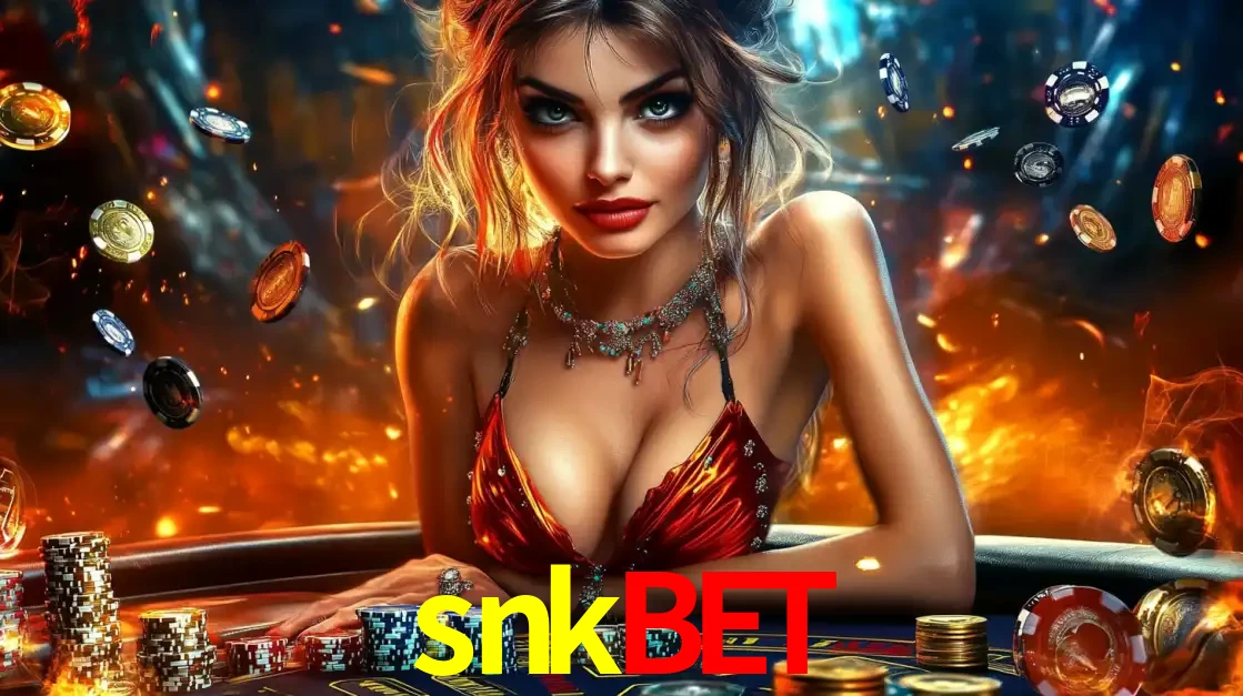 Mulher em uma mesa de cassino com pilhas de fichas e um fundo de fogo, pronta para uma rodada de altas apostas nos jogos de mesa emocionantes do cassino snkbet.