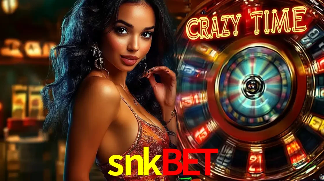 Mulher elegante ao lado da vibrante roda da fortuna do jogo de cassino ao vivo Crazy Time, um dos game shows mais populares e cheios de prêmios do snkbet.