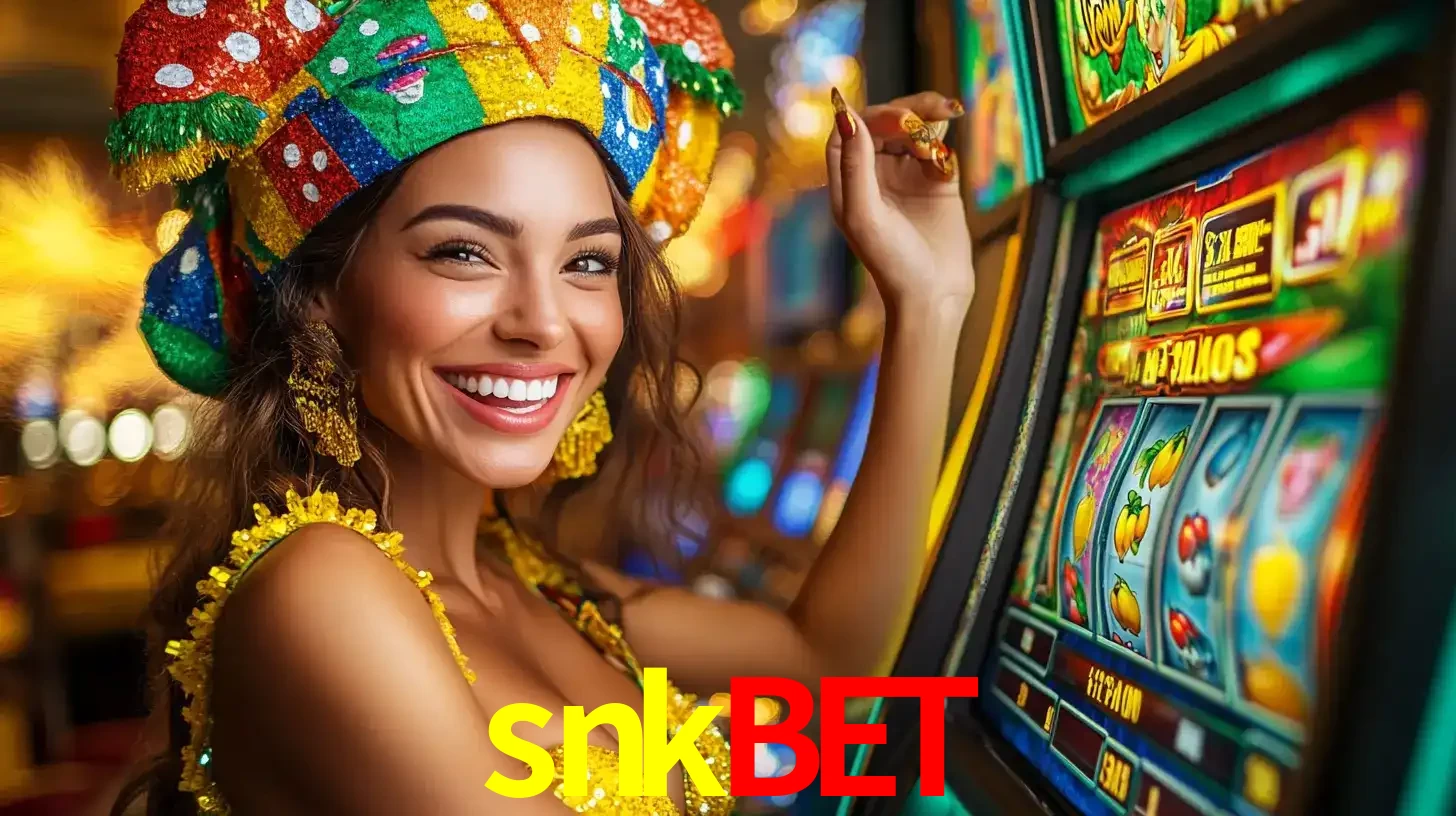 Mulher feliz com traje de carnaval amarelo e colorido ao lado de uma máquina de caça-níqueis, aproveitando a diversão e os jogos temáticos do cassino snkbet.