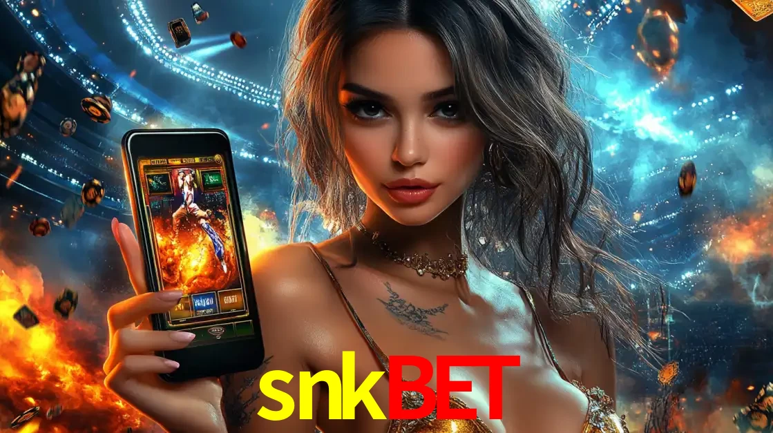 Mulher segurando um celular com um jogo de slot em destaque, tendo como fundo um estádio vibrante, simbolizando a emoção de jogar no cassino móvel snkbet.
