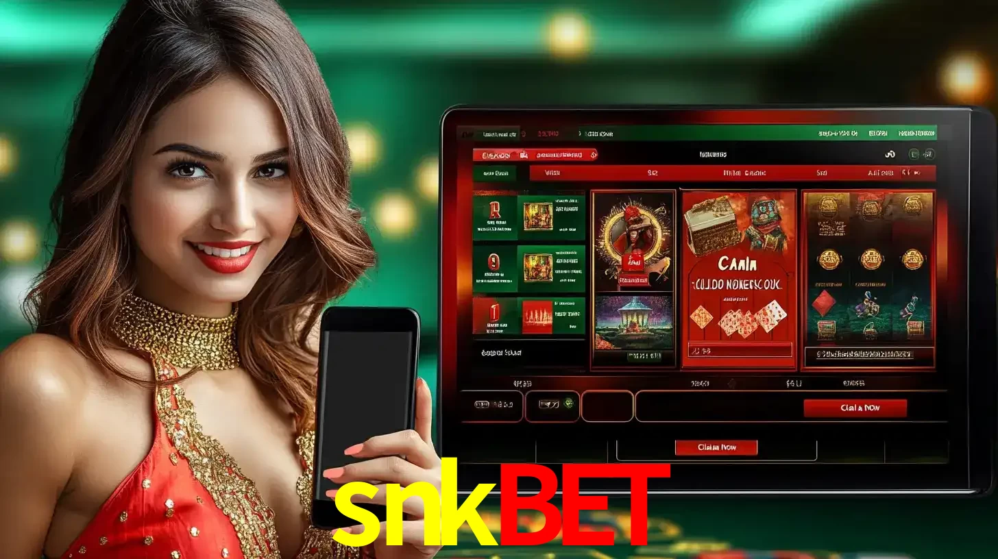 Mulher sorridente segurando um smartphone, ao lado de uma tela exibindo o lobby de jogos do cassino online snkbet, com várias opções de jogos de cartas e slots.